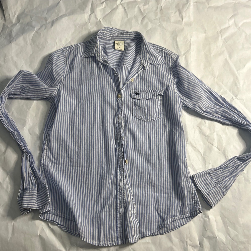 Abercrombie Fitch VTG Womens Blue White Stripe Button Shirt Long Sleeve Moose M